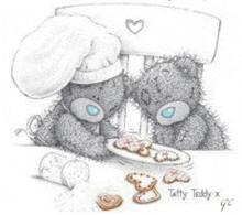 a drawing of two teddy bears wearing chef hats and eating cookies