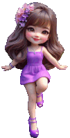 a doll wearing a purple dress and purple shoes with flowers in her hair