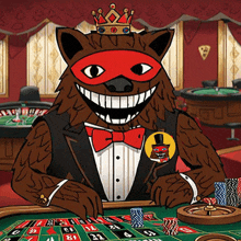 a cartoon drawing of a bear wearing a tuxedo and a mask playing roulette