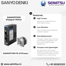 an advertisement for sanyo denki stepper motor features