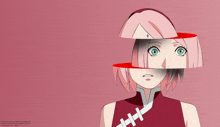 a drawing of a girl with pink hair and green eyes has a red circle around her face