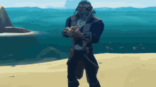 a man in a pirate outfit is standing on a sandy beach in front of a body of water