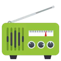 an illustration of a green radio with a red arrow pointing to the left