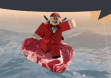 a cartoon character in a red suit and bow tie is flying on top of a large piece of meat