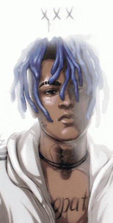 a drawing of a man with blue dreadlocks and a tattoo on his chest that says grat