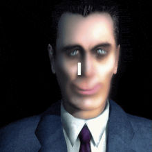a man in a suit and tie has an exclamation point on his face