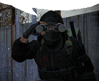 a man wearing a mask and binoculars has a speech bubble above him