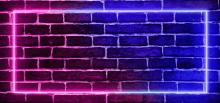 a brick wall with purple and blue neon lights shining on it .