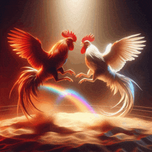 a red and white rooster standing next to each other with a rainbow in the background