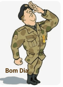 a cartoon of a soldier saluting with the words bom dia written below him