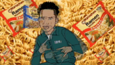 a man with tay-k written on his jacket stands in front of a pile of maruchan ramen
