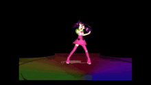 a girl in a pink dress is dancing in front of a green light beam