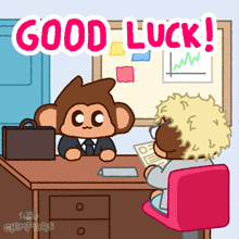 a monkey is sitting at a desk talking to another monkey with the words good luck written above them