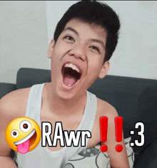 a young boy is making a funny face with the words rawr : 3 behind him