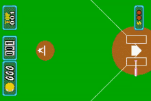 a video game screen shows a baseball field with a green circle in the middle that says ' top 001 ' on it