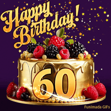 a gold birthday cake with berries and the number 60
