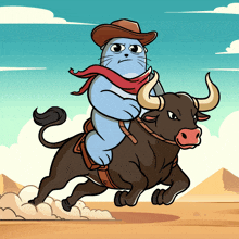 a cat in a cowboy hat is riding a bull in the desert