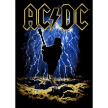 a poster for ac dc shows a man playing a guitar with lightning behind him