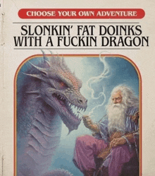 a book titled choose your own adventure shows a man smoking a cigarette next to a dragon