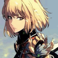 a close up of a girl with blonde hair and a sword .