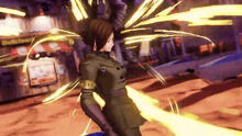a video game character is standing in front of a store called delicious