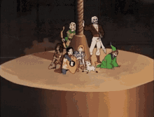 a group of cartoon characters are standing around a circular object