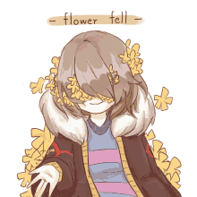 a drawing of a girl with flowers in her hair and the word flower fell below her