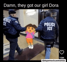 a cartoon girl is being held by two police officers who are wearing police ice uniforms