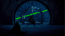 a man in a black cape stands in front of a large window with green lightsabers coming out of it