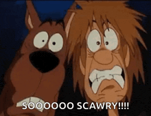 scooby doo and shaggy from the scooby doo cartoon are looking scared .