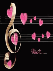 a treble clef with pink hearts on it and the words music below it