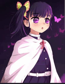 a drawing of a girl with purple eyes and a bow in her hair