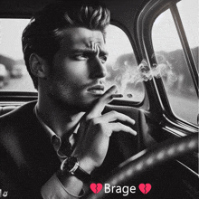 a man in a suit is smoking a cigarette in a car with the word brage above him