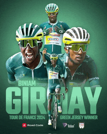 a poster for the tour de france 2024 green jersey winner biniam giriay