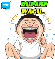 a cartoon of a man laughing and pointing with the words rupane wagi above him