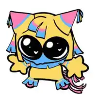 a cartoon drawing of a cat wearing a party hat and holding a tail .