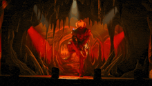 a painting of a clown in a cave with a red light behind him