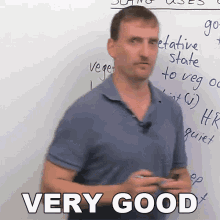 a man is standing in front of a white board with the words very good written on it