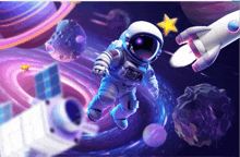 a cartoon illustration of an astronaut flying through space with planets in the background