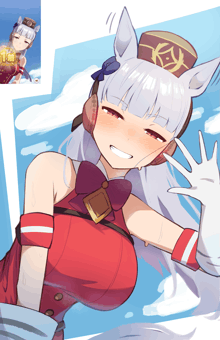a drawing of a girl wearing a red dress and a hat with a k on it