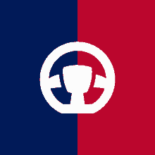 a red and blue background with a white circle with a cup in it