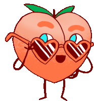 a cartoon peach wearing heart shaped sunglasses and a green leaf