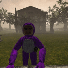 a purple teddy bear is standing in front of a building