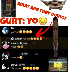a screenshot of a spongebob video with the words what are they doing