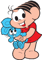 a girl in a red dress is holding a blue rabbit