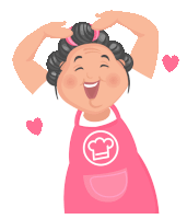 a woman wearing a pink apron with a chef hat on it