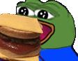 a green frog is eating a hamburger with cheese .