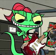 a cartoon lizard is holding a guitar in front of a poster that says rock