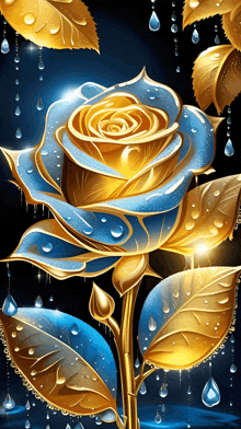 a blue rose with gold leaves and water drops on it