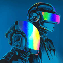 a painting of a robot with a rainbow helmet